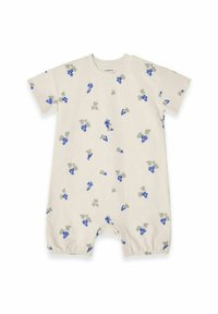 Kortærmet romper i beige ribbet stof med et print af druer og blade i blå og grøn, med elastik ved benåbningerne for komfort.