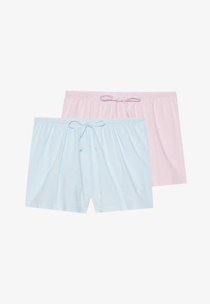 Duos medvilninių šortų: vieni šviesiai mėlyni, kiti švelniai rožiniai, abu su elastine juostele ir priekyje esančia kaspino detale.