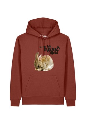 Roestkleurige hoodie met een slapend bruin-wit konijn op de voorkant gedrukt en de Duitse tekst "ich Hase dich!" boven het konijn.