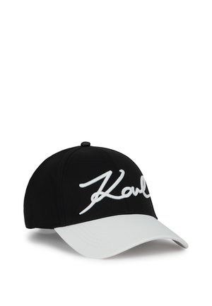 Black and white baseball cap with curved white brim and white embroidered script text on the black crown.