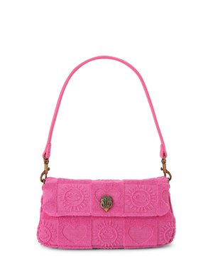 Różowa torebka na ramię z tłoczonymi wzorami serca i słońca, złocistym zapięciem w kształcie muszli oraz odpinanym paskiem.