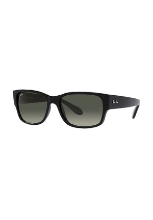 Occhiali da sole in plastica nera con lenti quadrate, gradazione grigia e finitura opaca. Presentano il logo "Ray-Ban" sul lato.