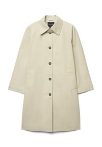 Beiger Regenmantel mit Kragen, Knopfverschluss, zwei Seitentaschen und lockerer Passform. Hergestellt aus glattem, leichtem Stoff.