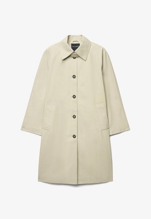 Beiger Regenmantel mit Kragen, Knopfverschluss, zwei Seitentaschen und lockerer Passform. Hergestellt aus glattem, leichtem Stoff.