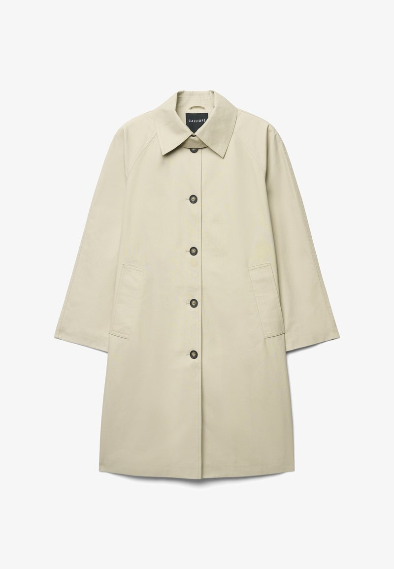 Beiger Regenmantel mit Kragen, Knopfverschluss, zwei Seitentaschen und lockerer Passform. Hergestellt aus glattem, leichtem Stoff.