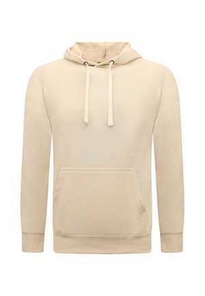 Beige hoodie met lange mouwen, voorvak in kangoerustijl en verstelbare capuchon met trekkoord, gemaakt van zachte stof met geribbelde boorden en zoom.