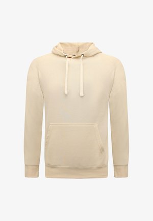 Beige hoodie met lange mouwen, voorvak in kangoerustijl en verstelbare capuchon met trekkoord, gemaakt van zachte stof met geribbelde boorden en zoom.