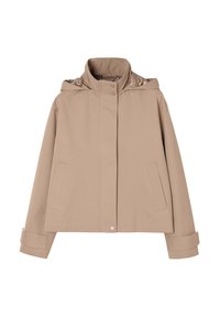 Veste à capuche couleur marron clair avec boutons-pression à l'avant, deux poches latérales et bracelets de poignet ajustables sur les manches longues.