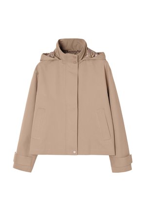 Svetlohnedá kapucňová bunda s prednými patentkami, dvoma bočnými vreckami a nastaviteľnými remienkami na zápästí na dlhých rukávoch.
