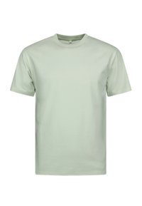 Lichtgroen T-shirt met korte mouwen, gemaakt van zacht katoen, met een ronde hals en een ontspannen pasvorm. Glad oppervlak, zonder patronen of afbeeldingen.