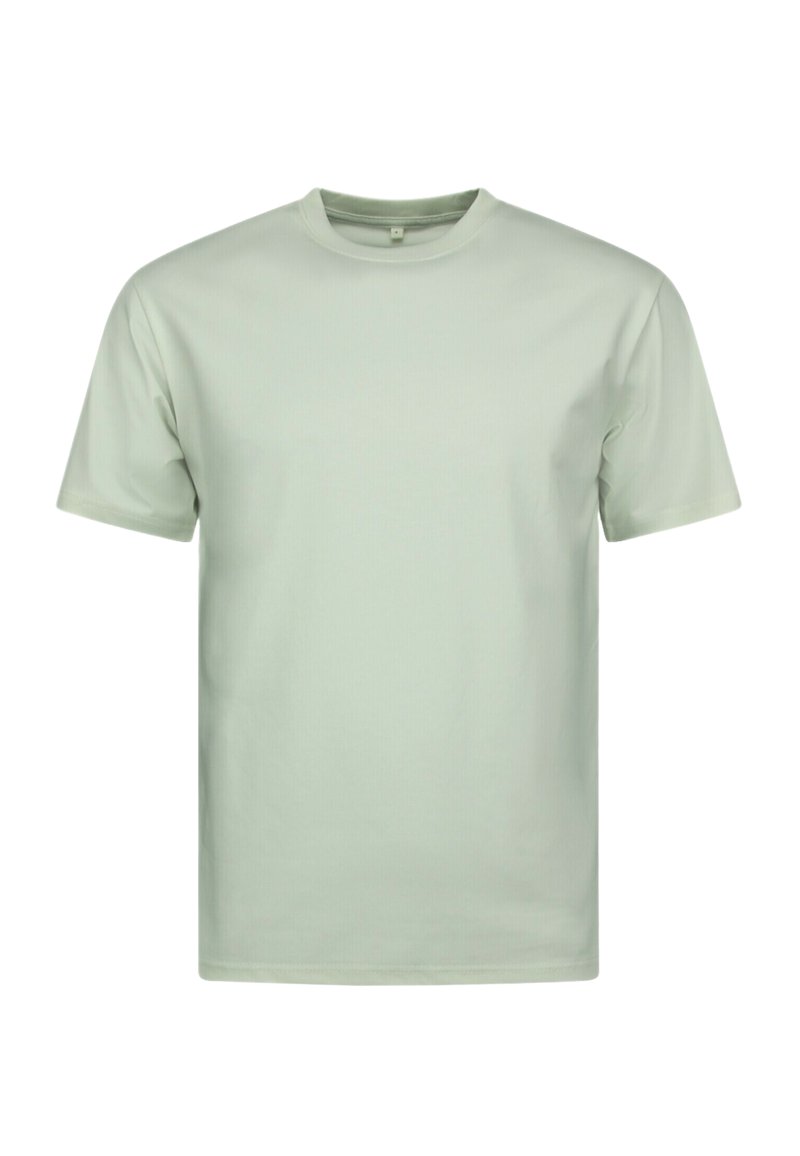 Lichtgroen T-shirt met korte mouwen, gemaakt van zacht katoen, met een ronde hals en een ontspannen pasvorm. Glad oppervlak, zonder patronen of afbeeldingen.