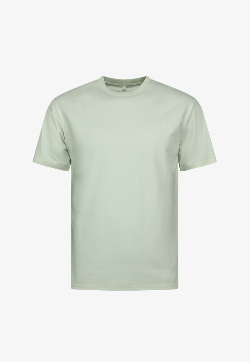 Lichtgroen T-shirt met korte mouwen, gemaakt van zacht katoen, met een ronde hals en een ontspannen pasvorm. Glad oppervlak, zonder patronen of afbeeldingen.