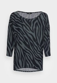 Langärmliges Oberteil mit einem schwarz-grauen Zebra-Streifenmuster, rundem Ausschnitt und weicher Textur, mit einem leicht abgerundeten Saum.
