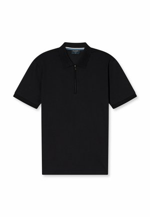 Polo noir avec un col zippé, des manches courtes, un col plat et une texture lisse. Fabriqué en tissu respirant pour le confort.