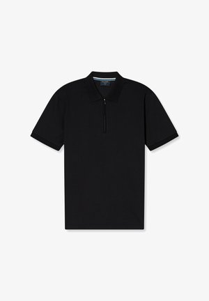 Polo nero con zip, maniche corte, colletto piatto e una texture liscia. Realizzato in un tessuto traspirante per garantire comfort.