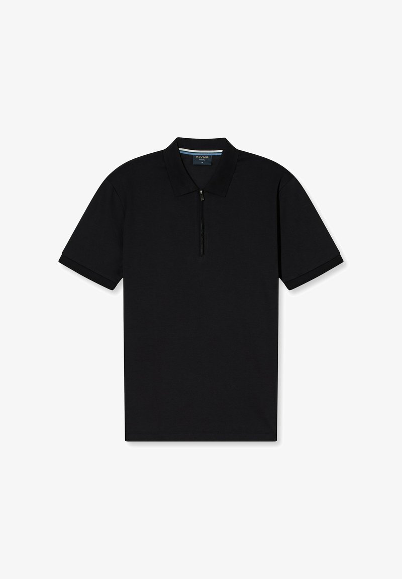 Polo noir avec un col zippé, des manches courtes, un col plat et une texture lisse. Fabriqué en tissu respirant pour le confort.