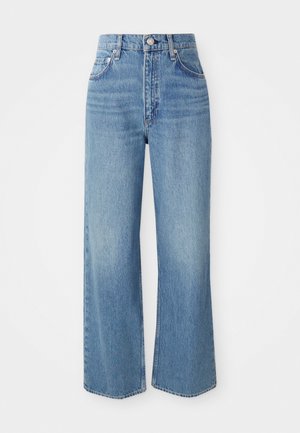 Light blue denim jeans with a high waist, wide legs, and raw hem. Features traditional five-pocket design and silver-tone button closure.