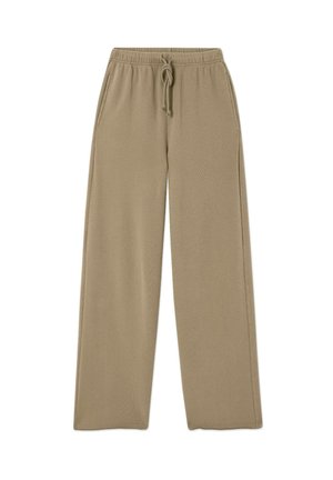 Beige, wijduitlopende broeken van zachte stof, met een elastische tailleband met verstelbaar trekkoord en zijzakken.