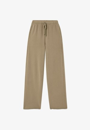 Beige, wide-legged trousers made of soft fabric, featuring an elastic waistband with adjustable drawstring and side pockets.