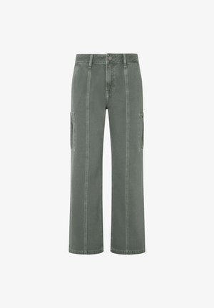 Oliivinvihreät cargo-housut korkea vyötärö, leveät lahkeet, sivutaskut ja kaksinkertainen sauma, valmistettu kestävästä puuvillasekoitekankaasta.