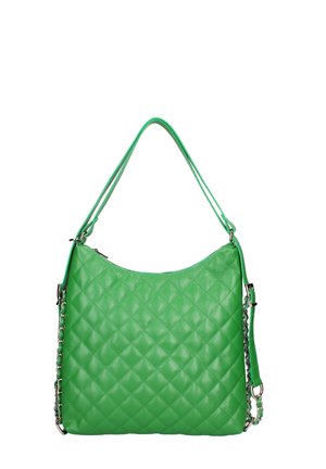 Grüne gesteppte Lederhandtasche mit doppelten Trägern, einer mit Kettendetail verstellbar, und einem oberen Reißverschluss.