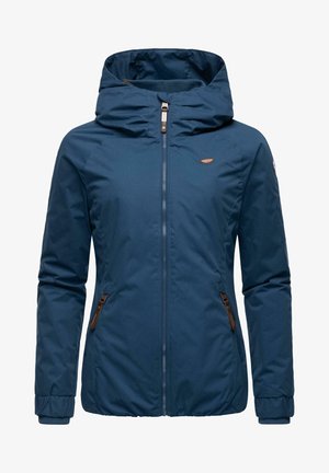 Navy blue insulated jacket with a hood, full zipper, elastic cuffs, and two zippered side pockets. Features a logo accent on the chest.