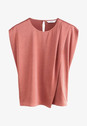 Blushrosa Kurzarmoberteil mit lockerer Passform, leichtem Material und einer Schlüssellochdetails auf der Rückseite. Gerade Säume und drapiertes Design.