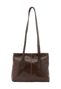 Borsa a tote in pelle marrone con due manici lunghi, texture liscia, forma rettangolare e un dettaglio a cucitura centrale sul fronte.