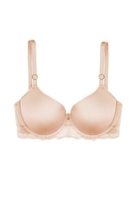 Beżowy stanik wyściełany, z regulowanymi ramiączkami, koronkowym wykończeniem na dole oraz małą dekoracją w kształcie serca na środku przodu.