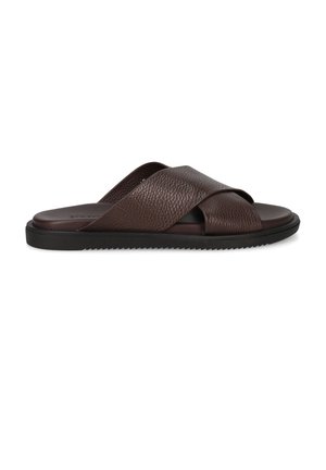 Brown leather slide sandal with two wide crisscross straps and a black textured rubber sole.