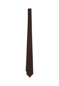 Corbata marrón con un patrón diagonal de pequeños puntos rojos y verdes, hecha de una tela suave y con punta afilada.