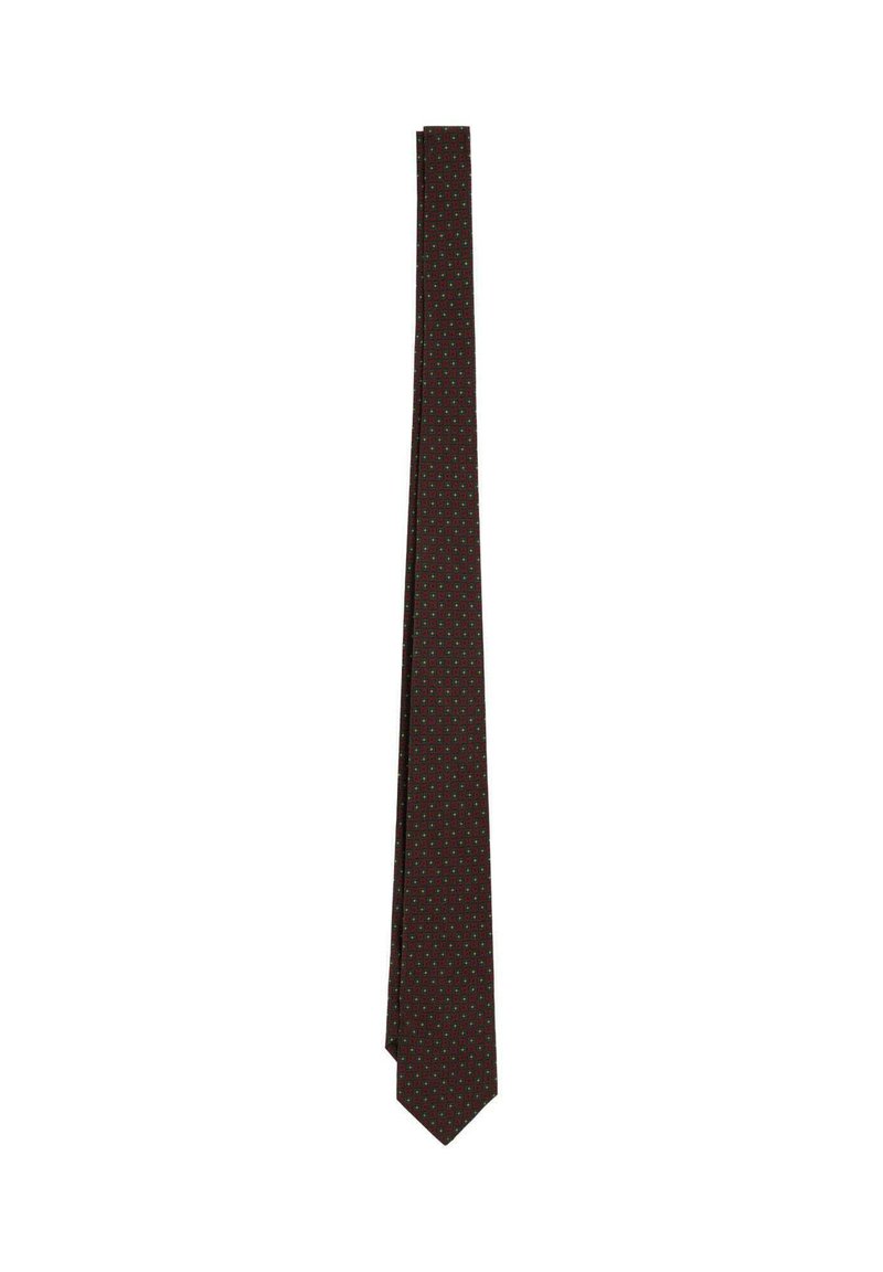 Corbata marrón con un patrón diagonal de pequeños puntos rojos y verdes, hecha de una tela suave y con punta afilada.