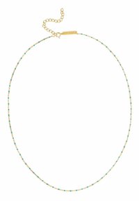Collar en tono dorado que presenta una delicada cadena con pequeñas cuentas de turquesa y acentos dorados. Longitud ajustable con un cierre de langosta.