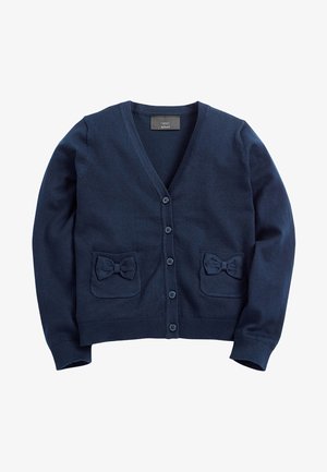 Cardigan lavorato a maglia blu navy con scollo a V, chiusura a bottoni e due tasche frontali con dettagli a fiocco. Tessuto morbido e vestibilità standard.