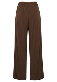 Brown wide-leg pants with an elastic waist, made from a smooth, lightweight fabric, featuring a loose fit and no visible seams.