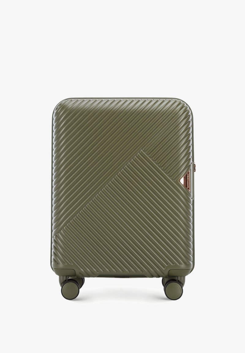 Groene hard-shell koffer met diagonale ribbelstructuur, roségouden accent, rechthoekige vorm en vier rolwielen voor bewegelijkheid.