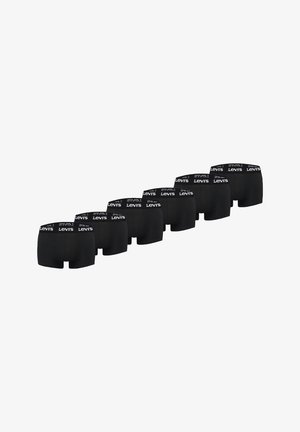 Nine pairs of black Levi’s boxer briefs with branded waistbands arranged in a diagonal line on a white background.