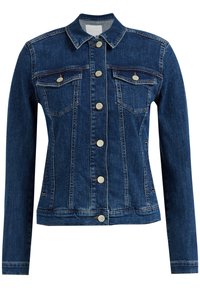 Denimjacka i mörkblått med knäppning fram, två bröstfickor och långa ärmar med klassisk krage. Stickade detaljer överallt.