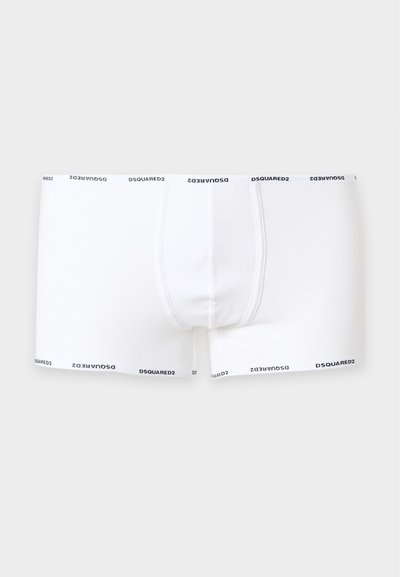 Boxers blancs pour hommes avec logo DSQUARED2 noir imprimé à plusieurs reprises sur la ceinture et les ouvertures des jambes sur un fond uni.