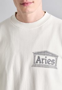 Felpa leggera beige con colletto a costine, presenta una grafica grigia. Il design include elementi architettonici e il testo "Aries."
