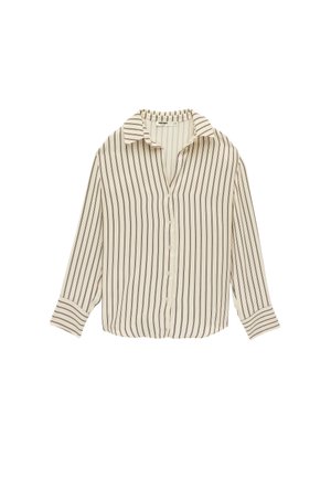 Beige blouse met lange mouwen, verticale zwarte strepen, knoopsluiting aan de voorkant en een klassieke kraag.