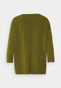 Oliwkowa, oversize sweter z dzianiny z rękawami trzyczwartowymi, okrągłym dekoltem i textura wykończenia. Posiada centralny szew z tyłu.