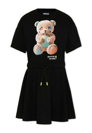 Robe noire à manches courtes avec taille à cordon, présentant un graphique d'un ours en peluche beige avec des patchs colorés et le texte « Barrow Friendly ».