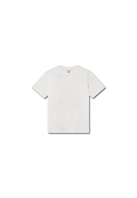 Camiseta blanca de manga corta hecha de algodón, con un cuello redondo y un diseño simple de un solo color sin patrones ni acentos.