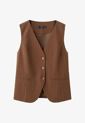 Brown sleeveless vest with thin vertical white pinstripes, three front buttons, and two horizontal front pockets.