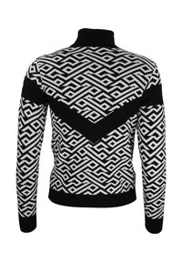 Zwart-wit gestreepte trui met een hoge kraag, geometrisch ontwerp, nauwsluitende mouwen en een klassieke ribgebreide zoom.