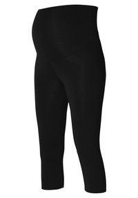Zwarte zwangerschapslegging met hoge taille, gemaakt van rekbaar materiaal, met een gladde textuur en een cropped lengte.