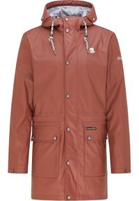 Brun vattentät regnjacka med huva, dragsko, tryckknappar och två framfickor. Har en mjuk grå foder och logotypdetalj.