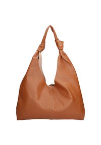 Sac bandoulière en cuir brun avec une texture douce et des poignées nouées, ouverture supérieure et forme souple et décontractée.