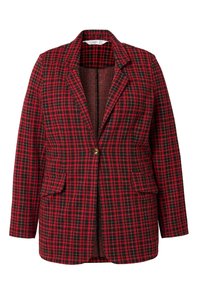 Blazer de cuadros rojo y negro con solapa, dos bolsillos frontales y un cierre de un solo botón dorado. Tejido texturizado con un ajuste estructurado.